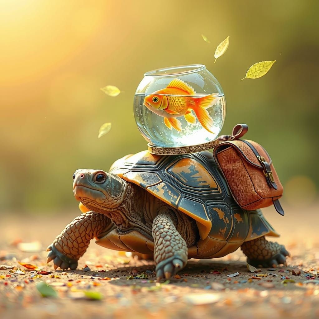 Whimsical Tortoise with Goldfish Bowl in Photoillustration S...