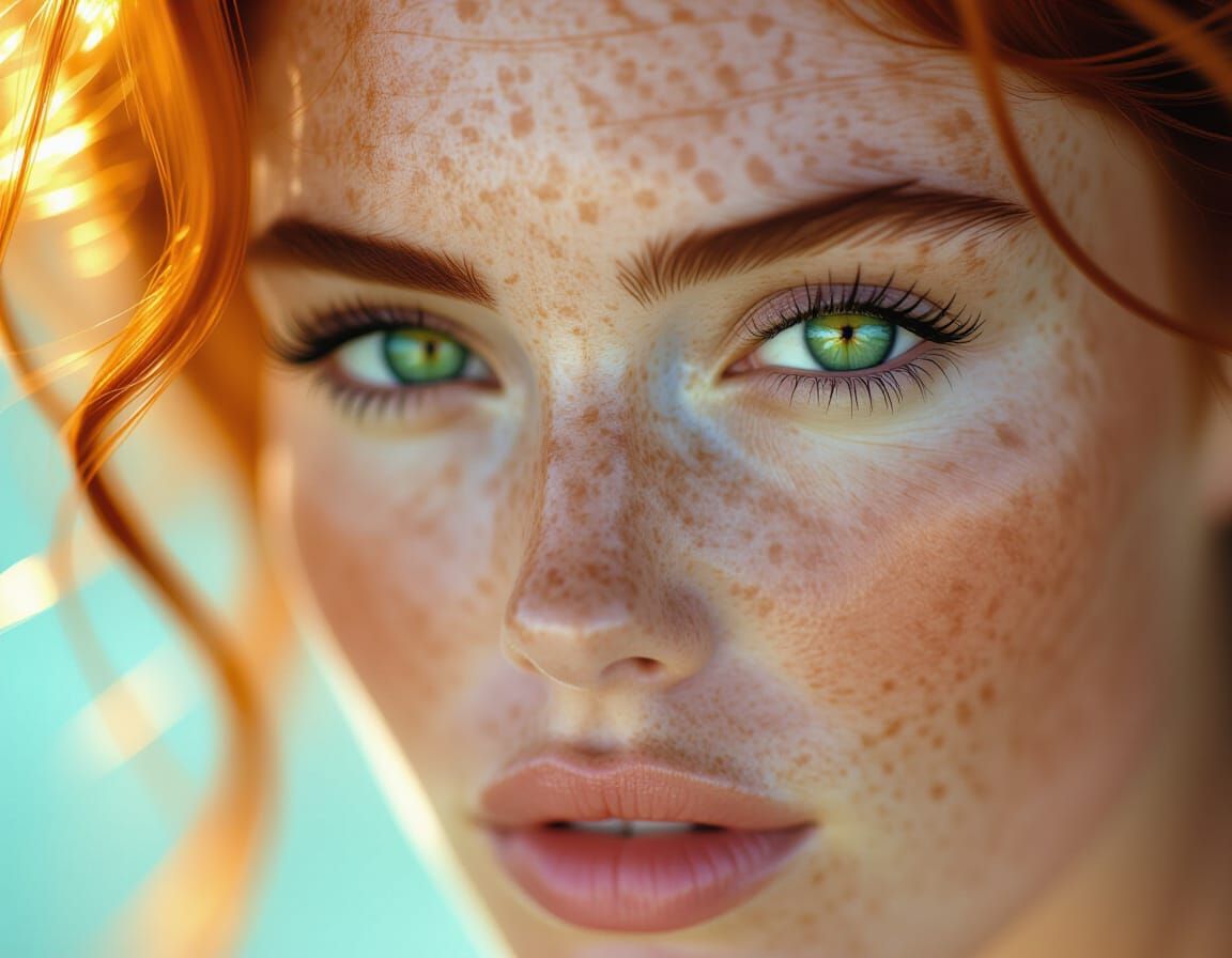Redhead Woman Portrait with Glistening Freckled Skin