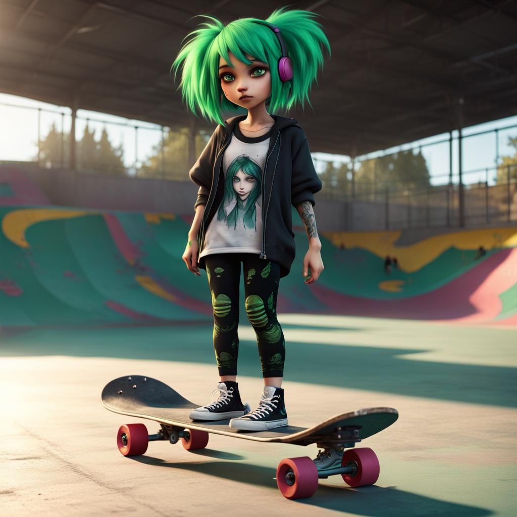 Emo Skater Girl with Green Hair, Detailed Digital Art