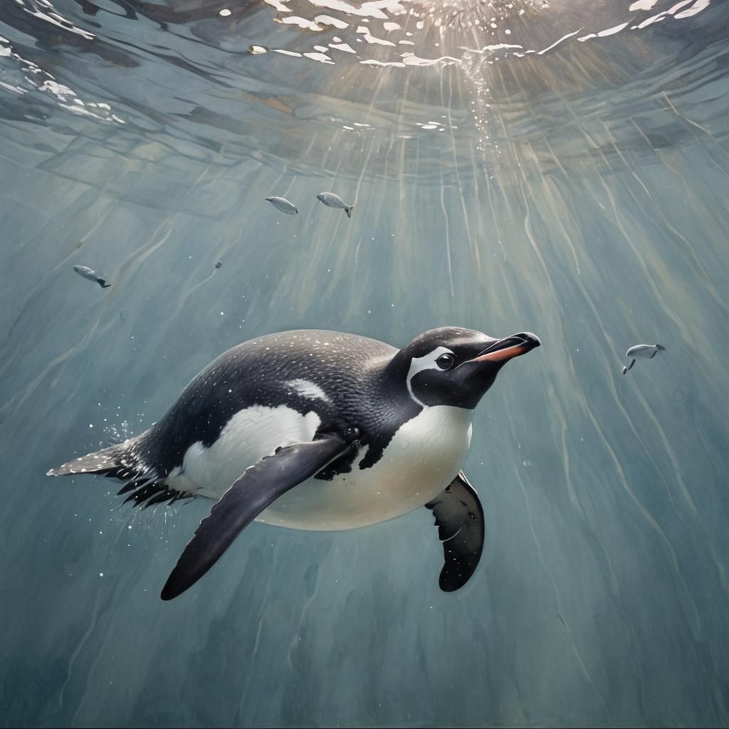 Penguin Gazing at Glass Whale, Photorealistic Painting