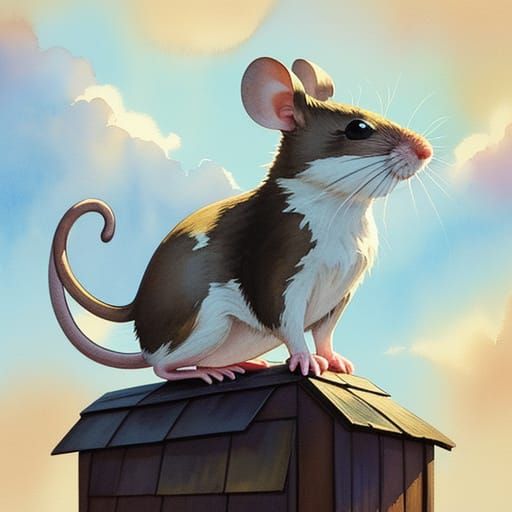 Whimsical Mouse Standing on a Small, Old House