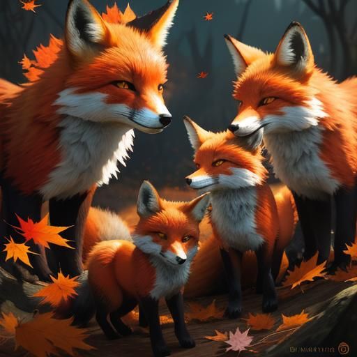 Fox and Kits Play in Autumn Leaves