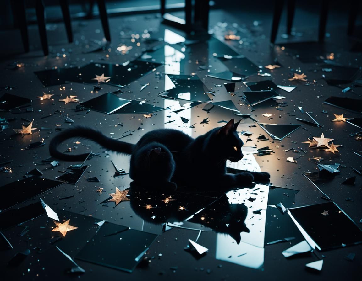 Mystical Black Cat Reflection in Shattered Mirror