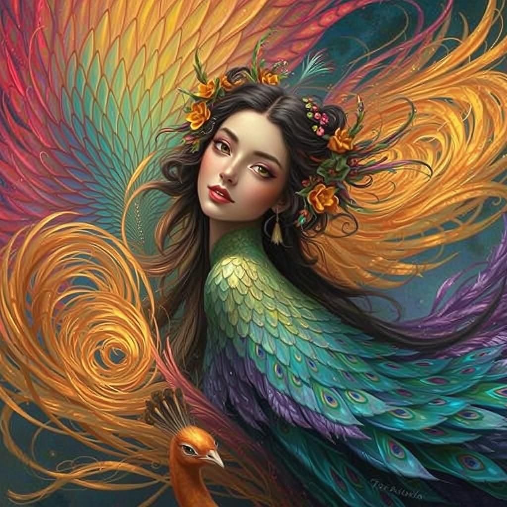 Dragon Peacock Woman in Abstract Fauvism Style