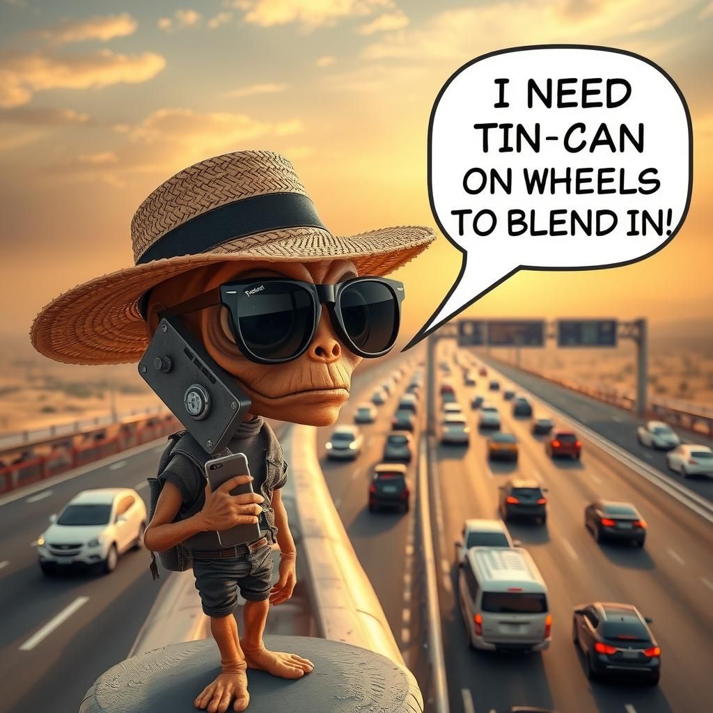 Surreal Chibi Alien Overlooking Highway at Golden Hour