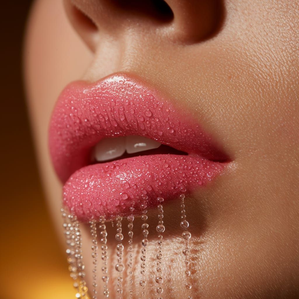 Macro Photo Of Dewy Lips With Glossy Pink Lipstick
