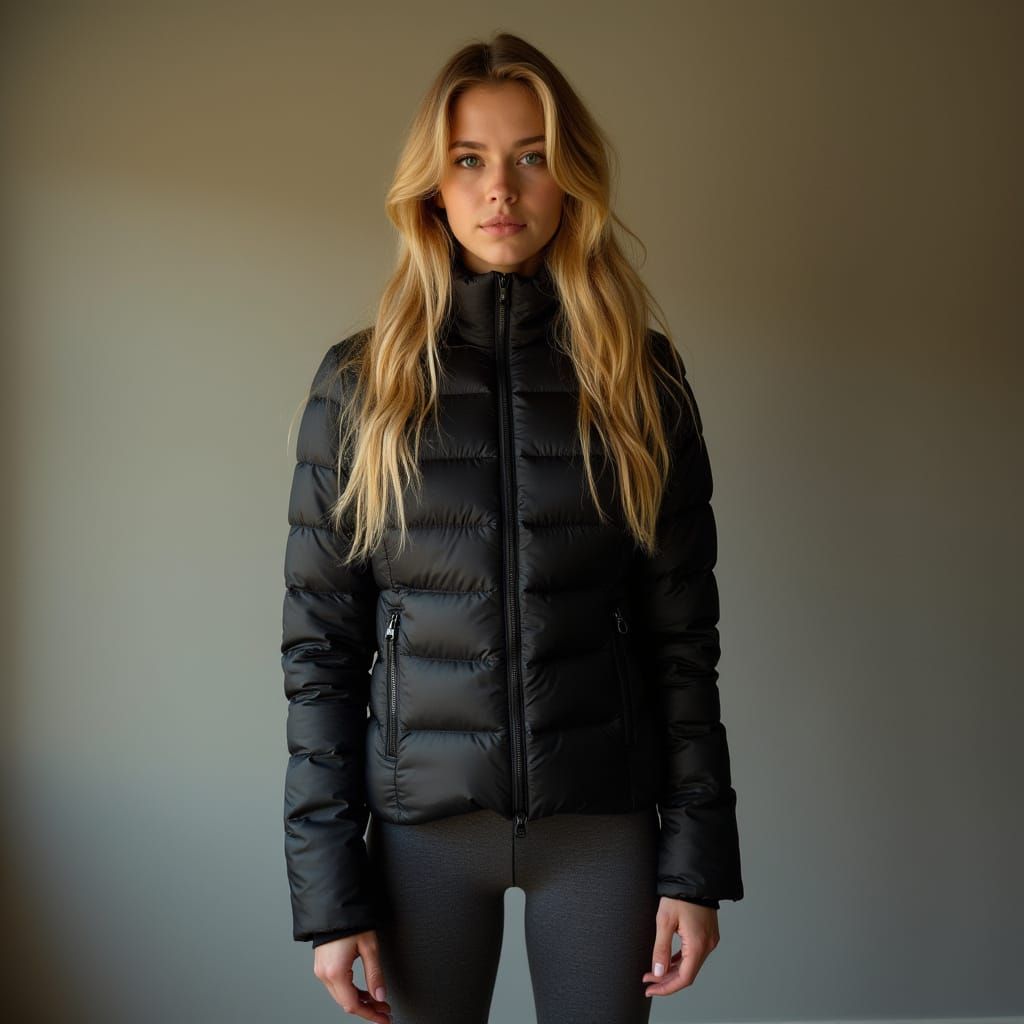 Golden Blond Woman in Fitted Black Jacket and Yoga Pants