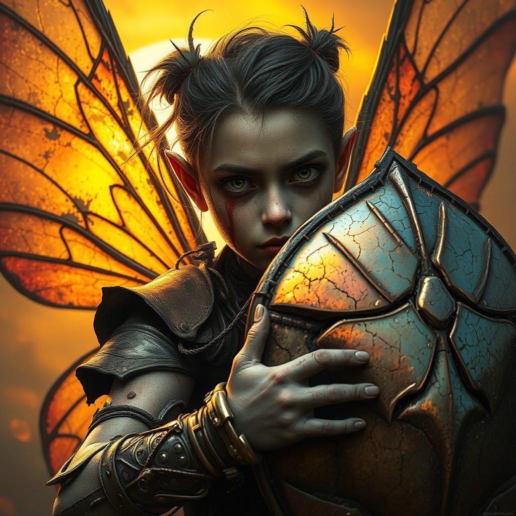 Battle-Fatigued Fairy Wields Iridescent Beetle Shield