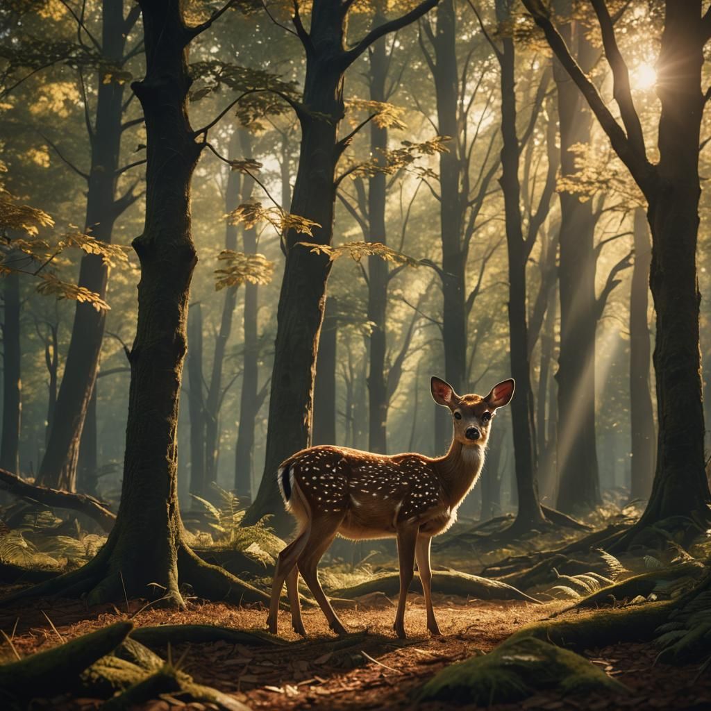 Fawn in Sunny Forest: Cinematic Matte Painting