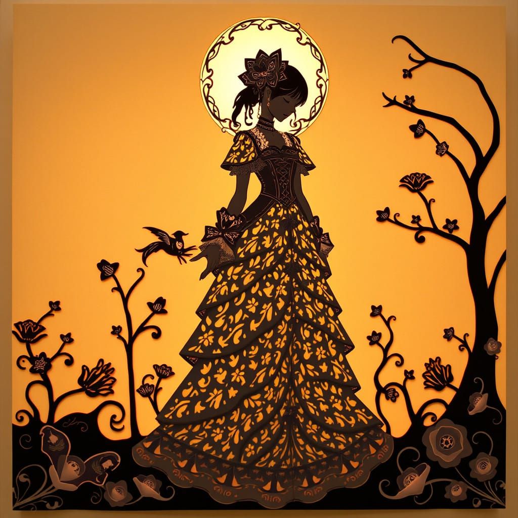 Delicate illuminated kirigami feminine intricate layered Gothic dress Naoko Takeuchi