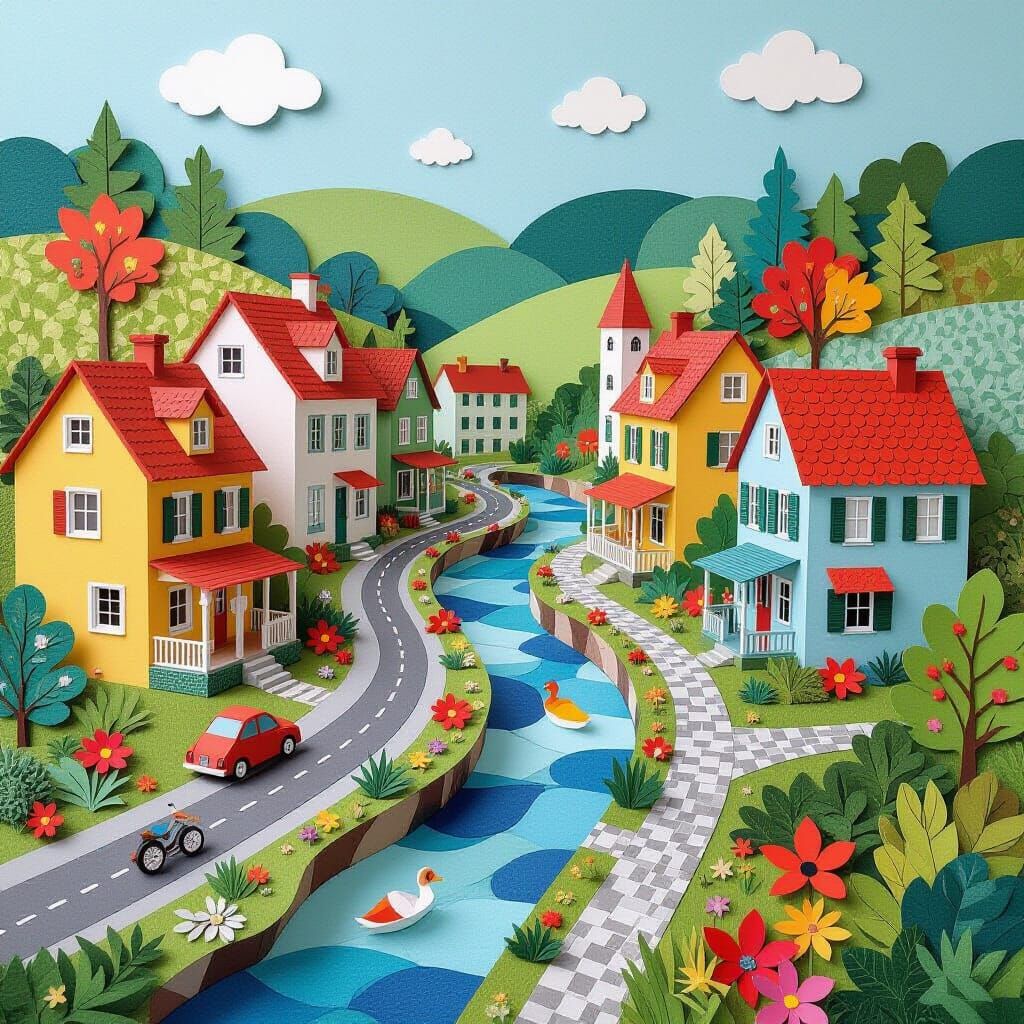 Paper Town: A Whimsical Collage in Watercolor Style