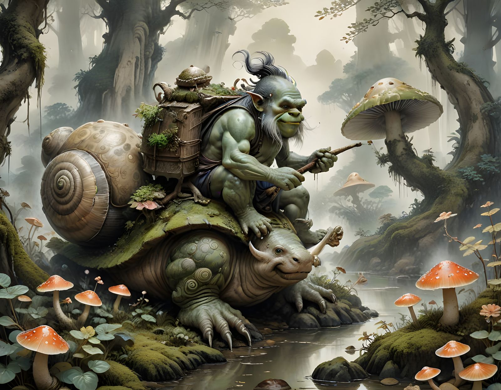 Troll on Snail: Chinese Ink Fantasy Illustration