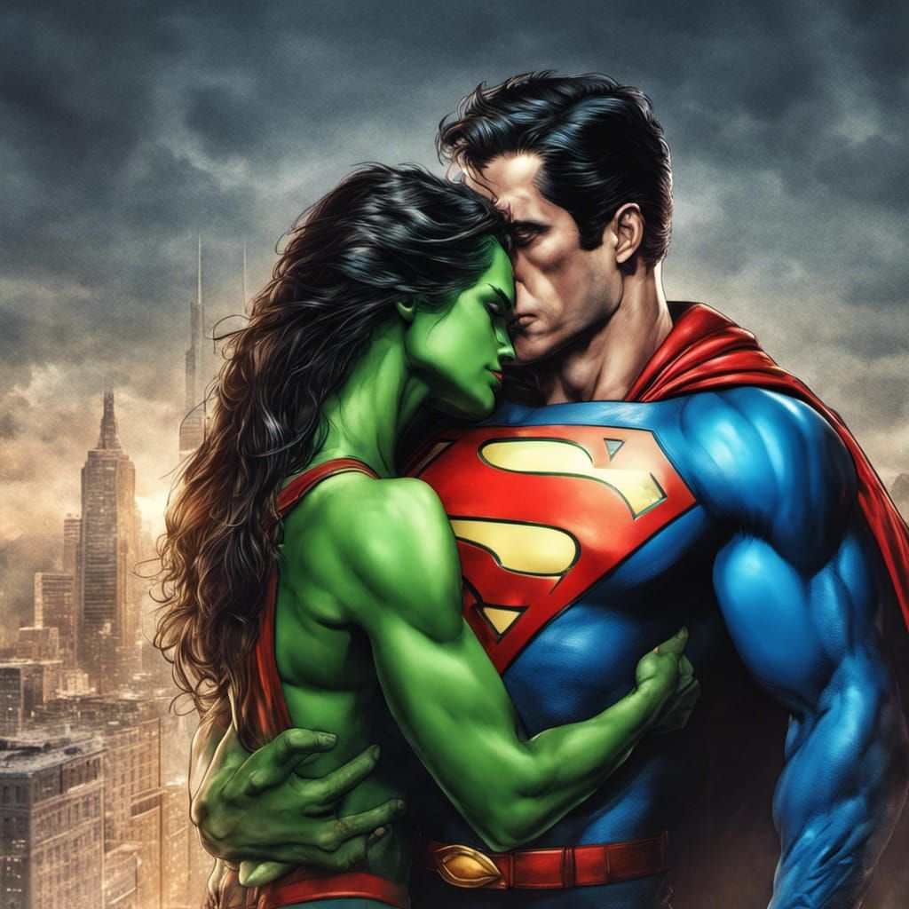 Hyperrealistic Superman and She-Hulk Kiss