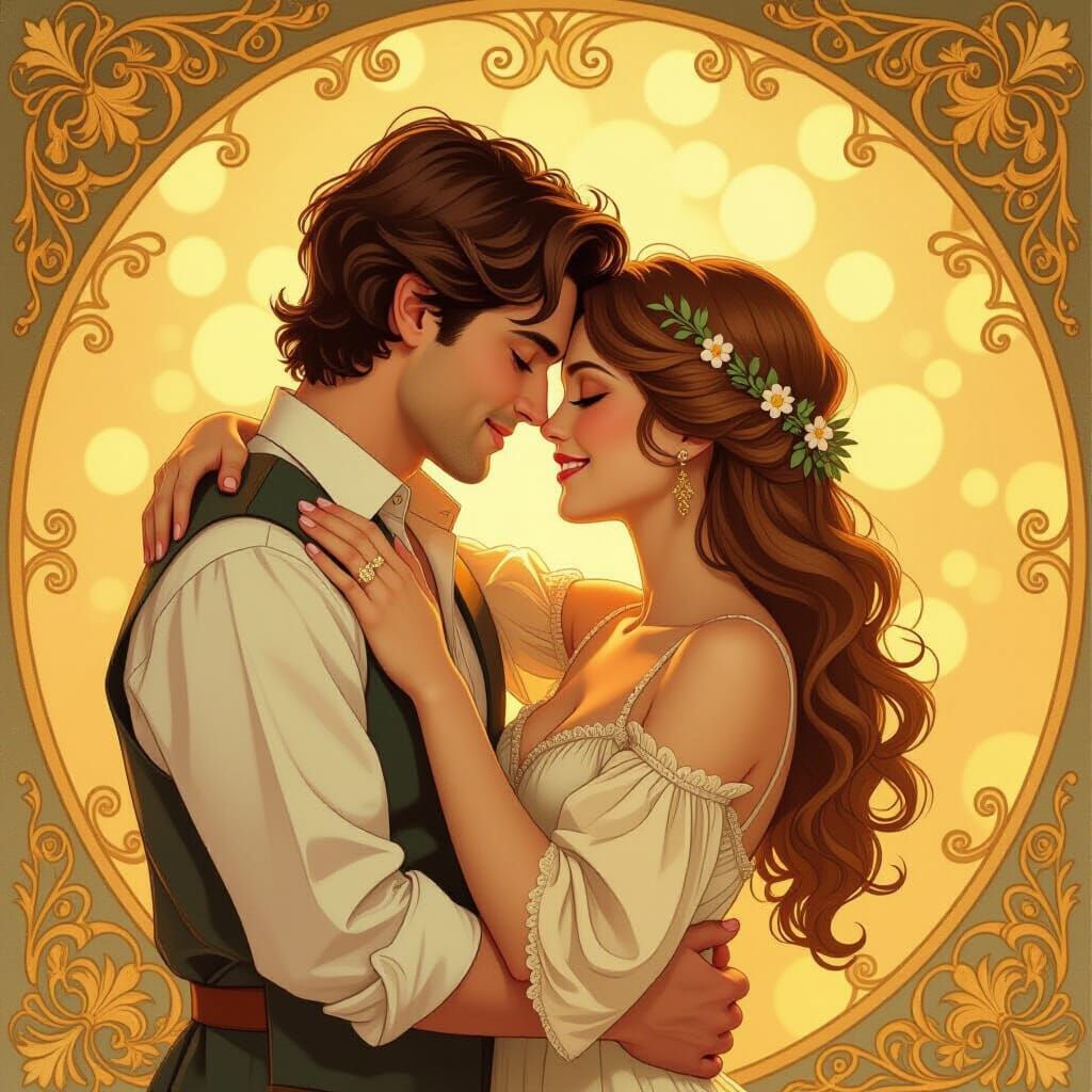 Romantic Couple Embrace in Art Nouveau Style