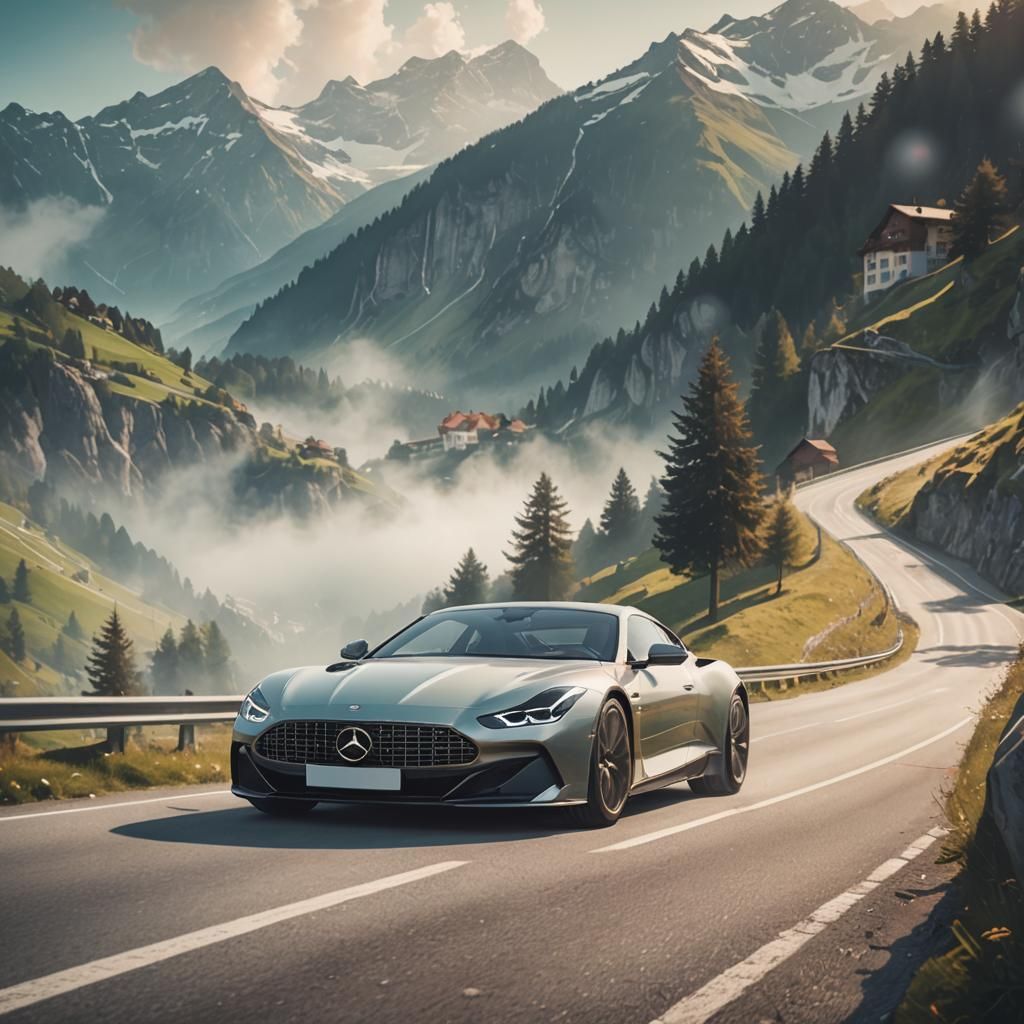 Luxury Car on Mountain Road: Soft Focus Concept Art