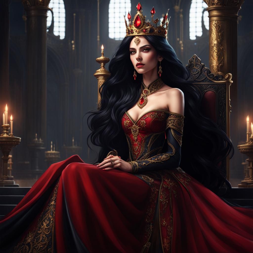 Dark Fantasy Woman with Black Hair and Crown