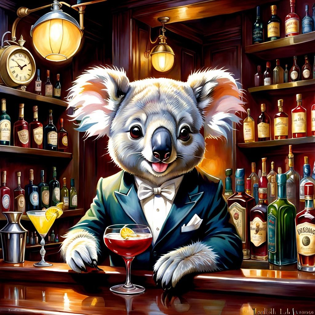 Whimsical Koala Bartender in Watercolor Style