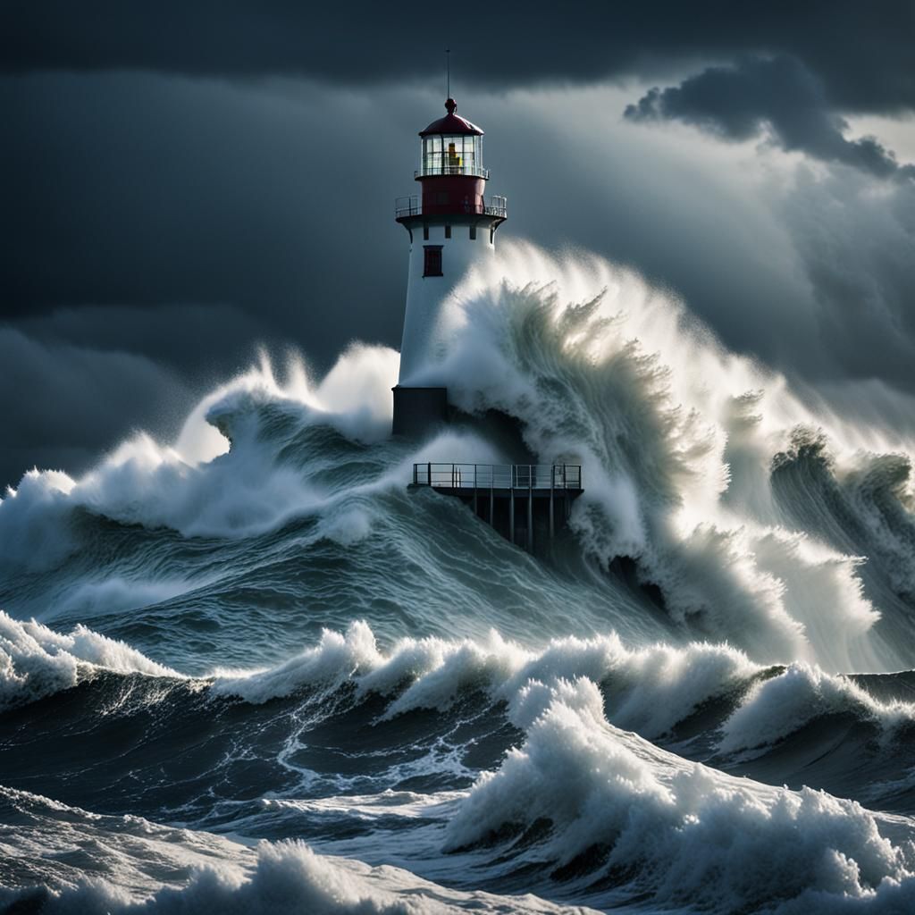Dramatic Wave Crashes on Lighthouse, Turner-esque Style