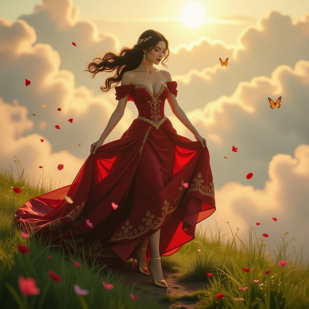 Woman Descends to Emerald Valley in Dreamy Cinematic Style