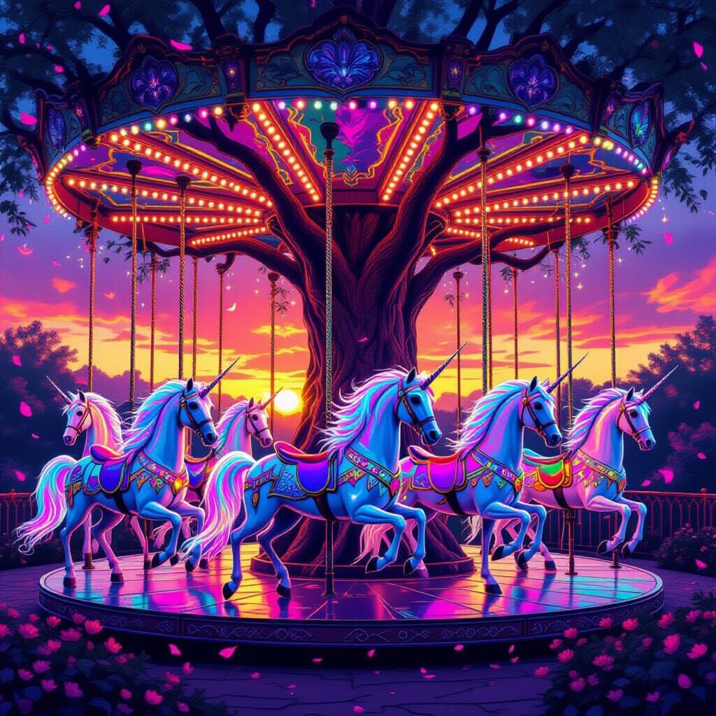 Psychedelic Carousel with Crystal Horses