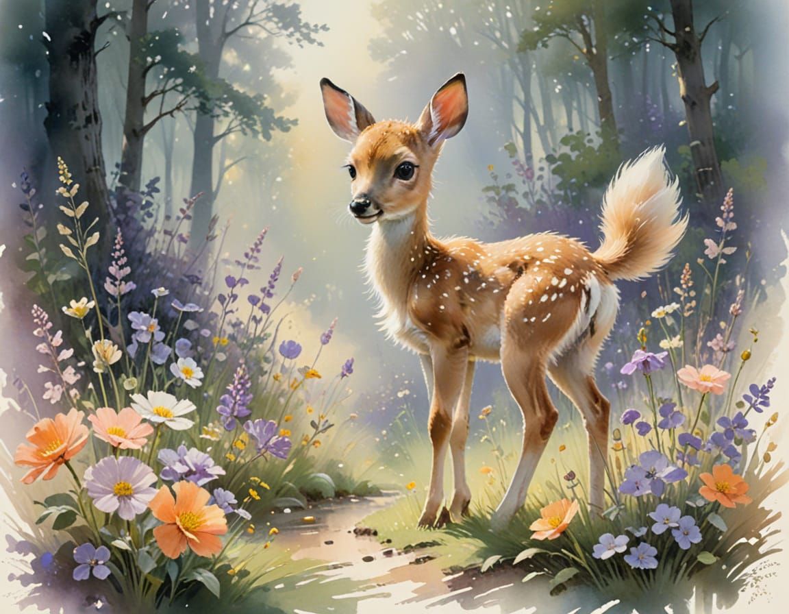 Adorable Fawn in Sun-Dappled Glade, Watercolor Style
