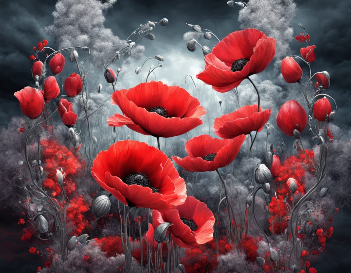 Surreal Red Poppies in Dreamscape with Silver Foliage