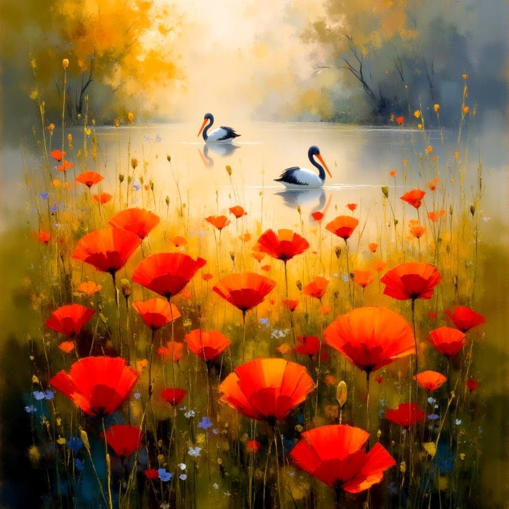 Surreal Morning in a Serene Lake Landscape with Unfurling Po...