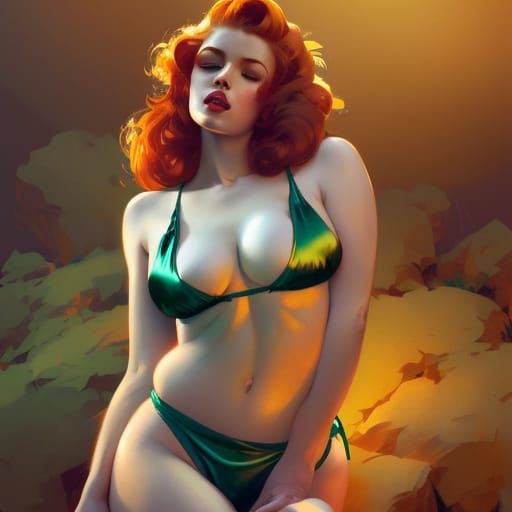 Voluptuous Pin-Up Girl Portrait in Art Nouveau Style