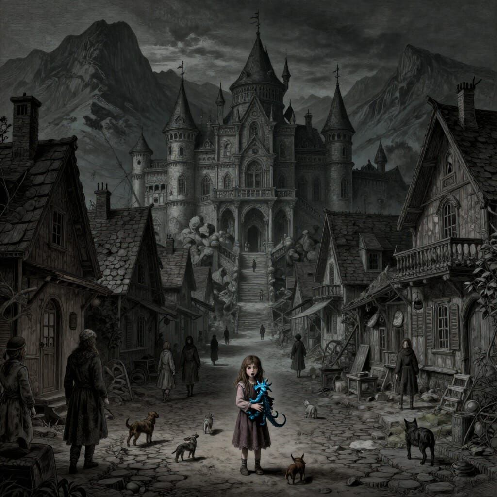 Eerie Mountain Village with Palace and Dragon Girl