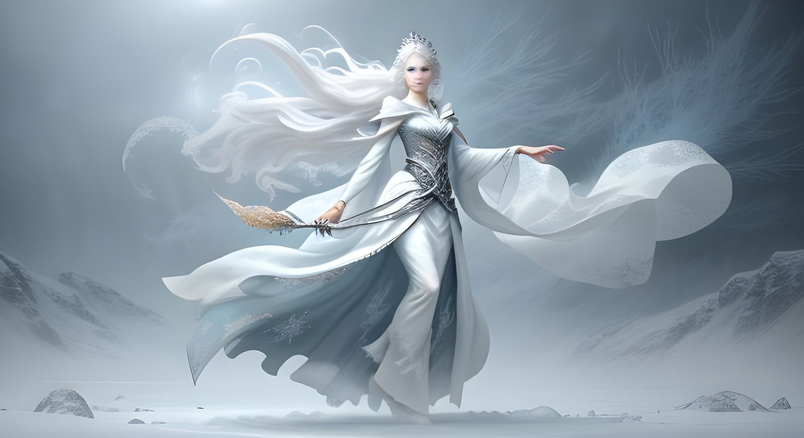 Icy Sorceress Manipulates a Snowstorm in Fantasy Art