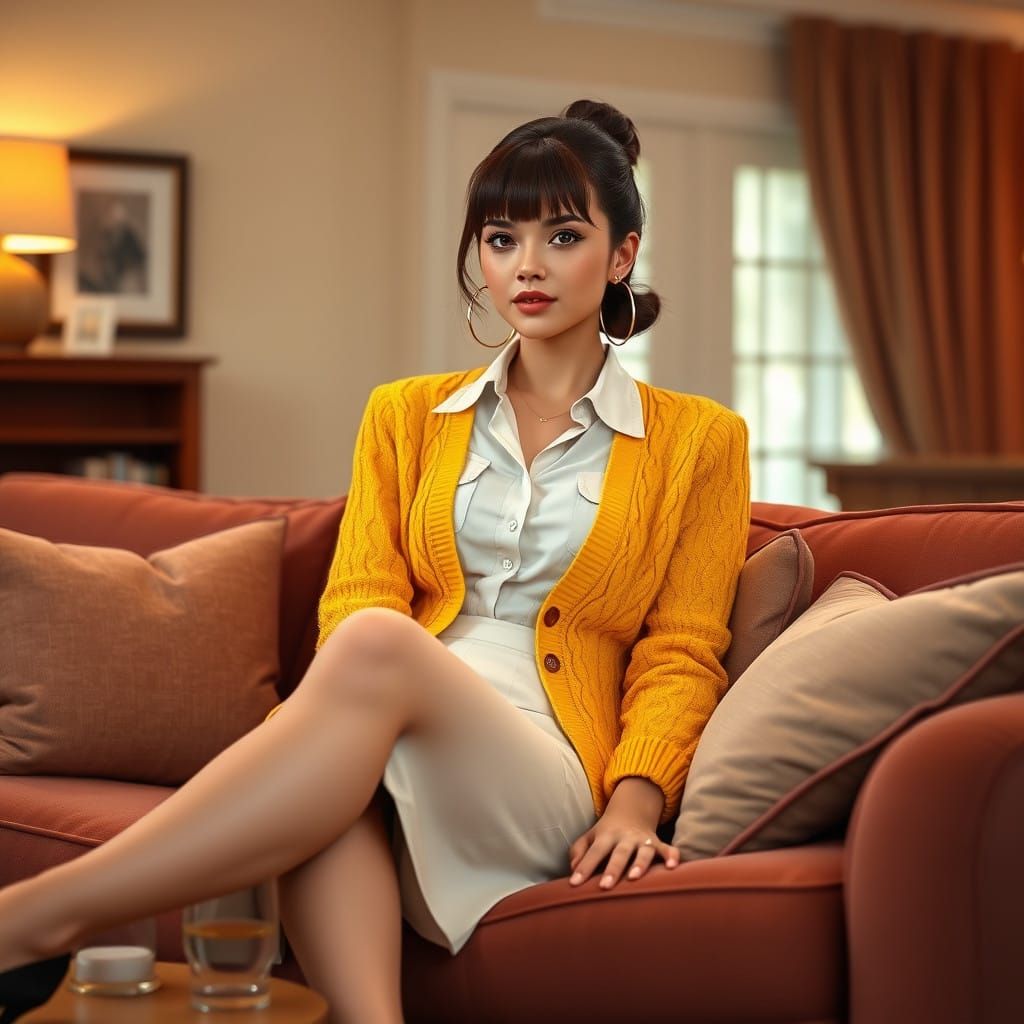 Elegant Woman in Yellow Cable Knit Cardigan, Pencil Skirt, a...