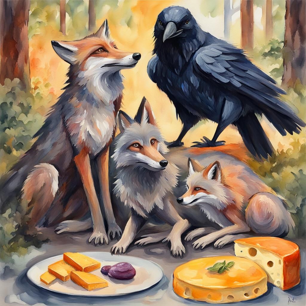 Wolf, Fox, Raven and Cheese in Gouache Style