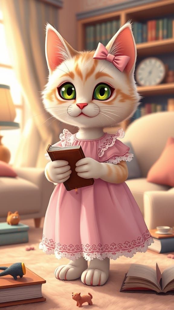 Adorable Cat in Whimsical Room with Book
