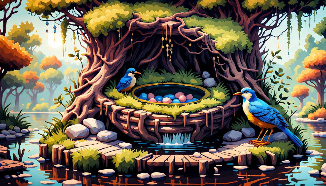 Luxurious Pixel Art Bird Nest with Pond