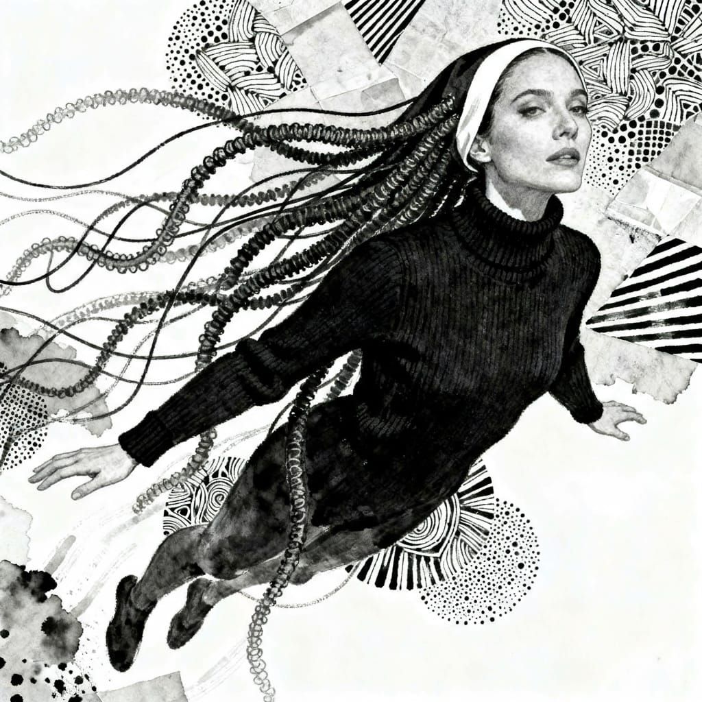 Woman Portrait with Tentacle Hair in Ink Drawing Style