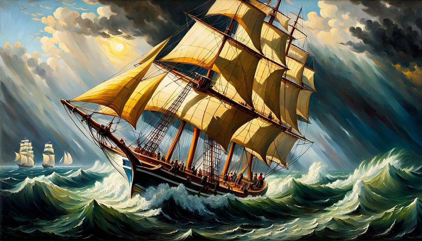 Schooner Battles Turbulent Caribbean Storm in Oil Painting M...