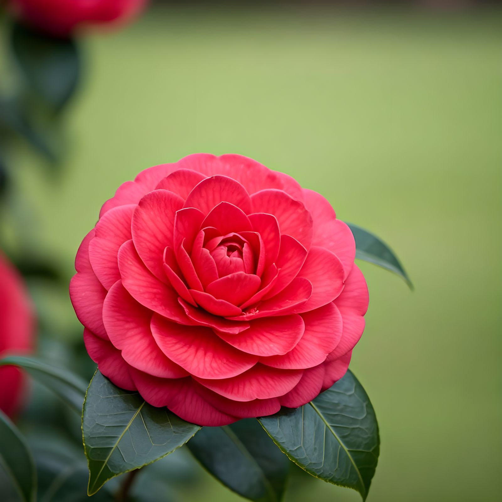 Vibrant Red Camellia in Serene Landscape