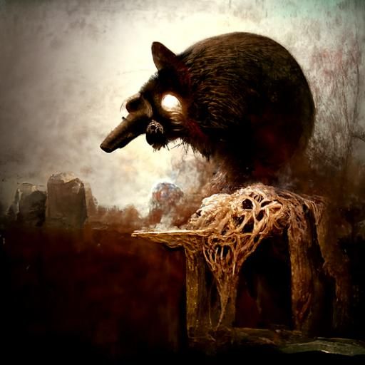 Surreal Raccoon in Beksiński-Inspired Oil Painting