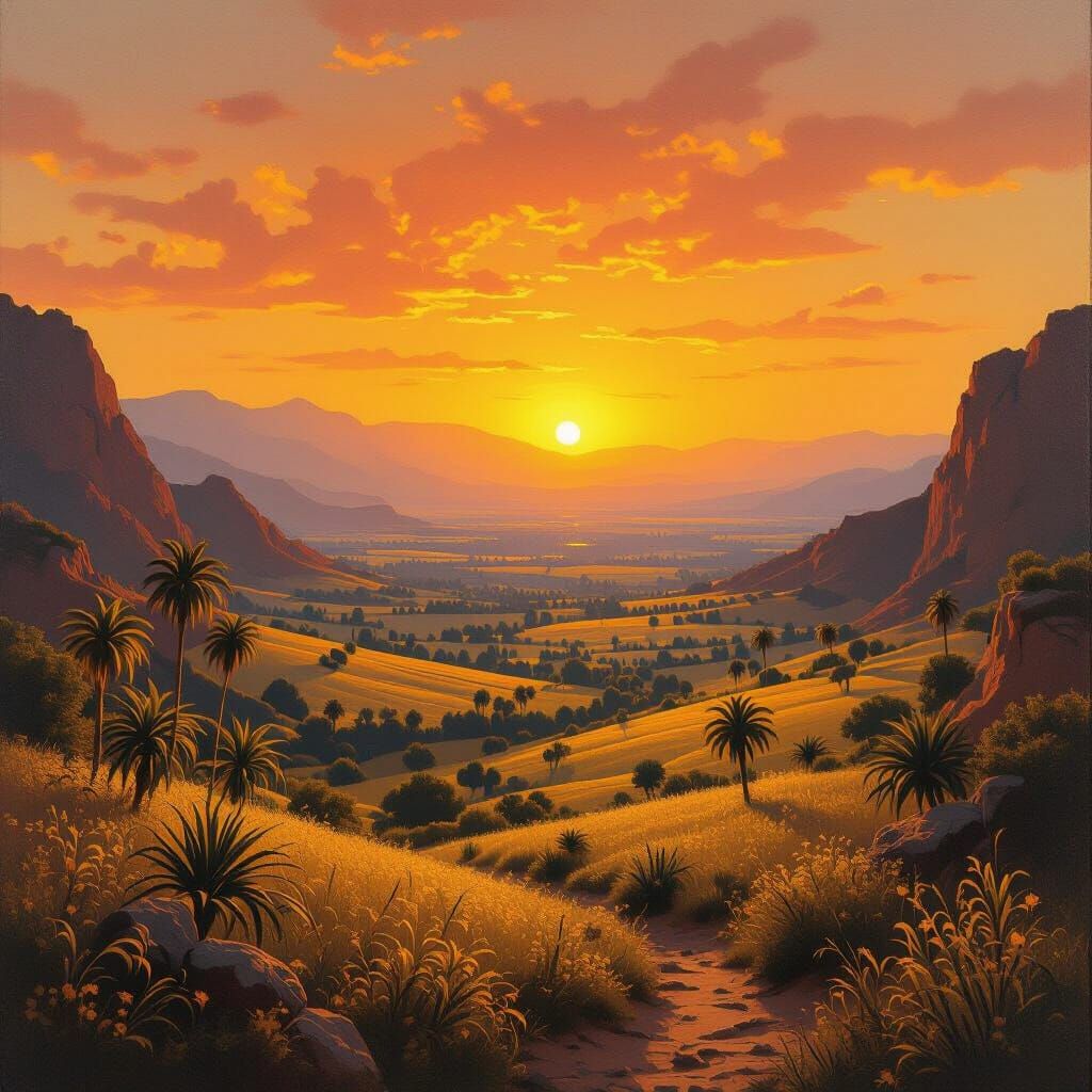 Golden Sunset Over Distant Valley in Oil Painting Style