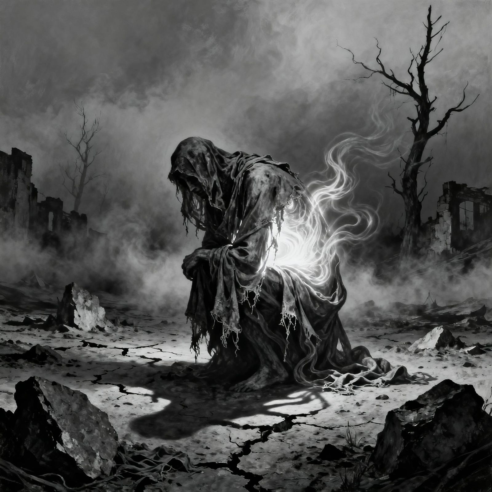 Desolate Figure in Ethereal Mist, Expressionistic Style