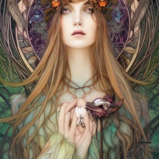 Forest Witch Portrait in Pre-Raphaelite Style