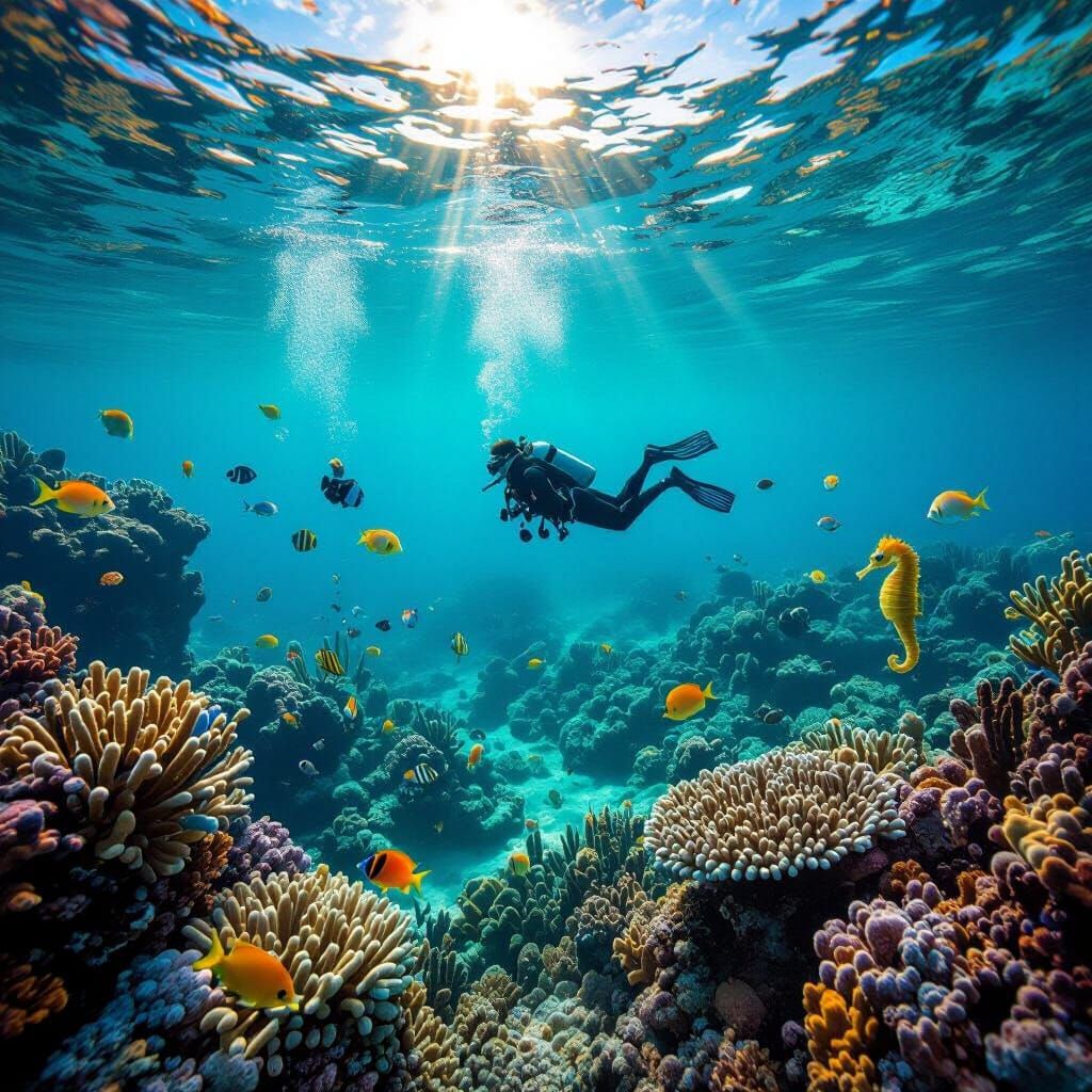 Scuba Diver Explores Vibrant Coral Reef Underwater