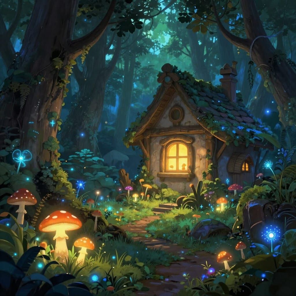 Magical Forest Cottage with Glowing Flora