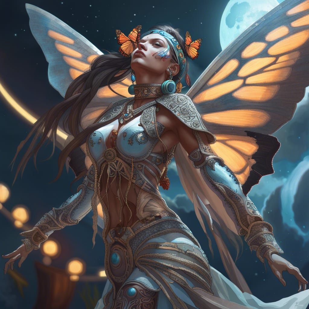 Flying Shaman Woman Portrait in Moonlight