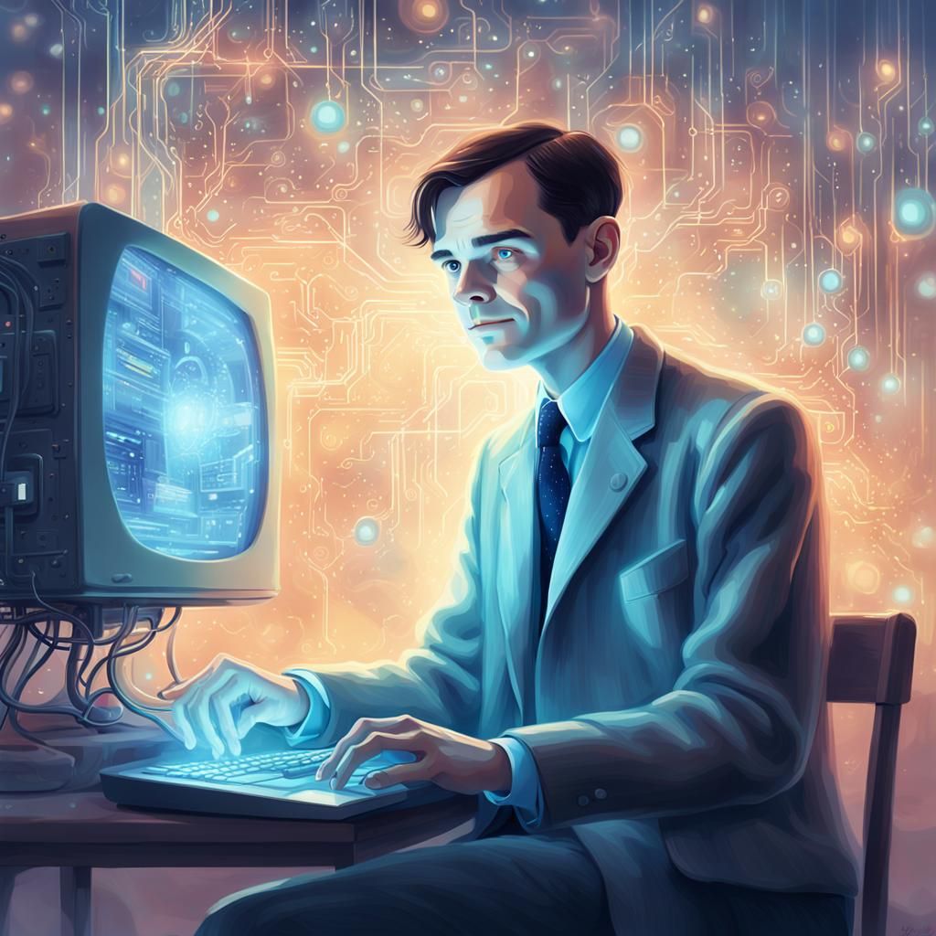 Ghost portrait of Alan Turing admiring a modern day computer he glows with ethereal light and smile a happy smile