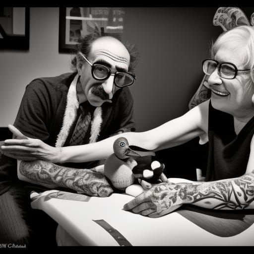 Groucho Marx lets Lydia the Tattooed Lady pet his duck.