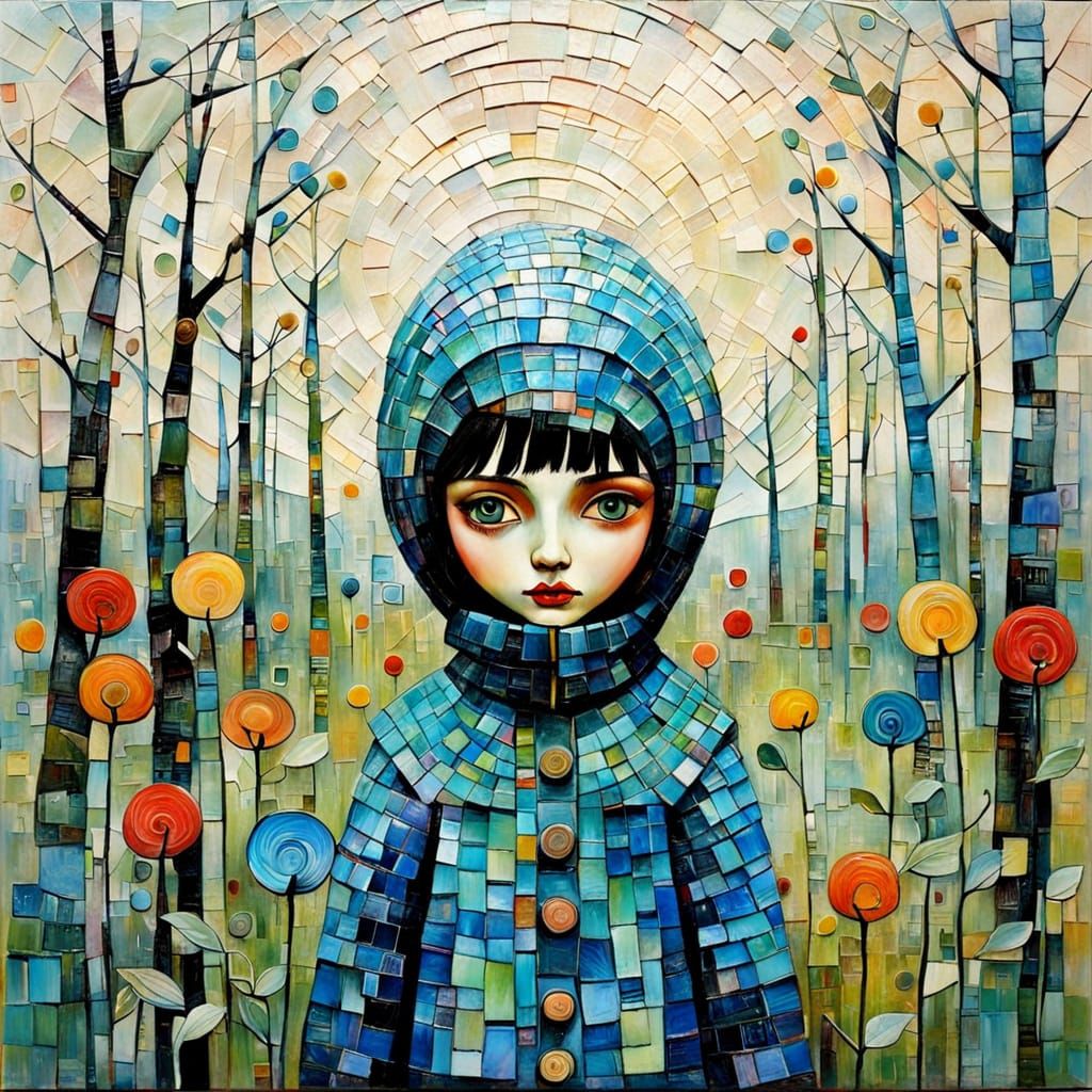 Primitive Naive Encaustic Painting with Textured Embossing