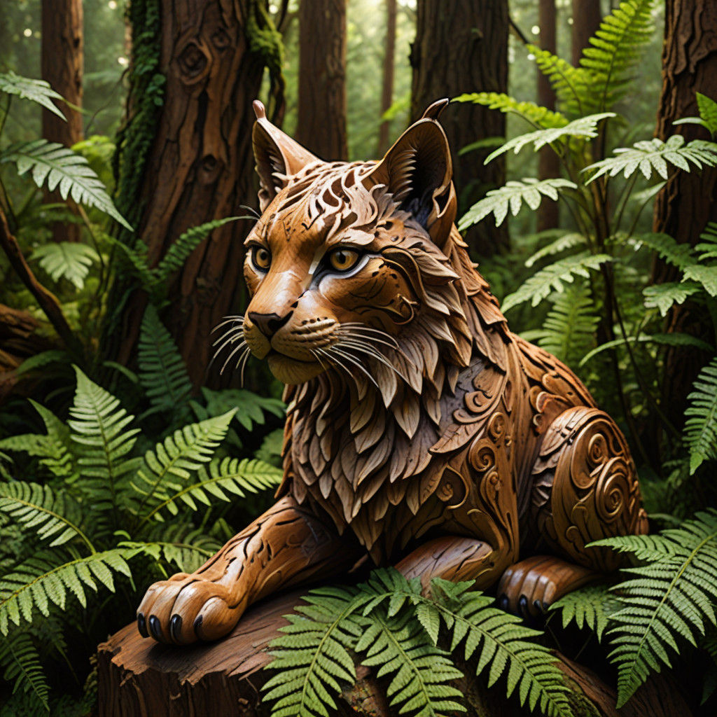 Wooden Lynx Sculpture in Forest Glade