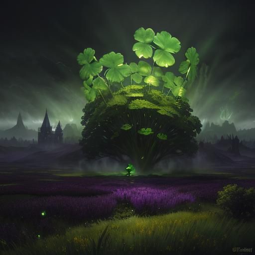 Leprechaun in Shamrock Field: Dark Fantasy Art