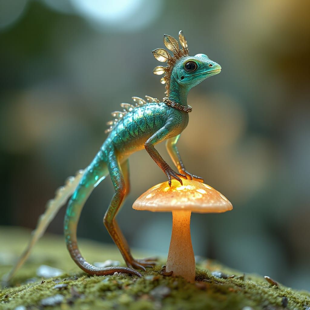 Enchanted Iridescent Lizard-Peacock Hybrid in Whimsical Mini...